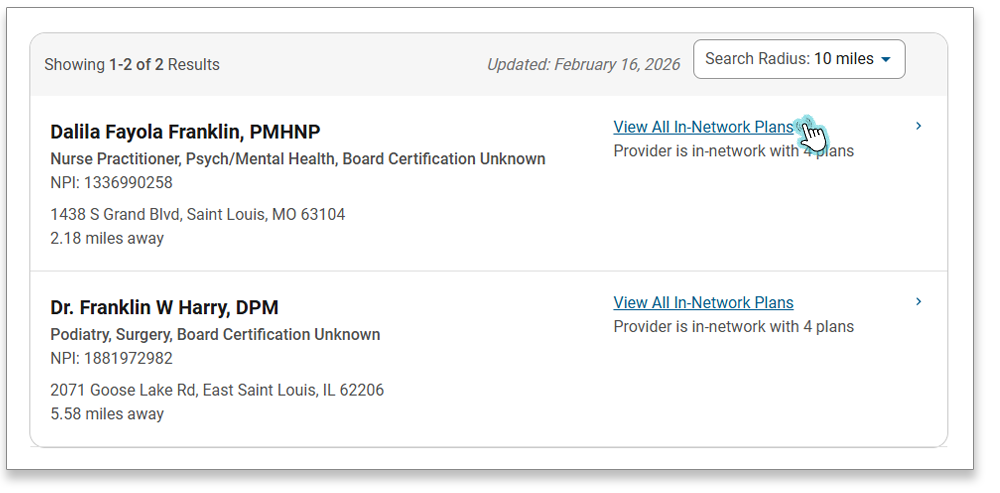 Provider Look-up Result Details